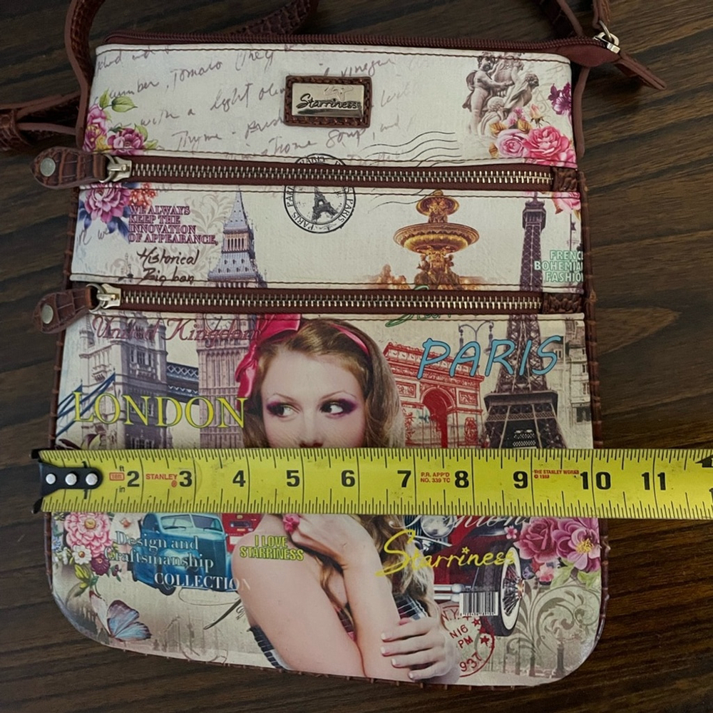 Starriness, London purse with script and girl, 3 zipper pockets, long strap - Picture 10 of 10
